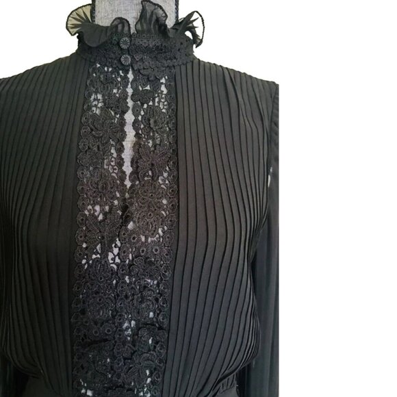 Polo Ralph Lauren Sz 14 Black Georgette Lace Trim Pleated Long Dress Chic - Picture 2 of 12